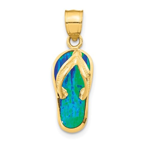14k Yellow Gold Nautical 3D w Created Blue Opal Flip Flop Necklace Charm Pendant - Picture 1 of 4